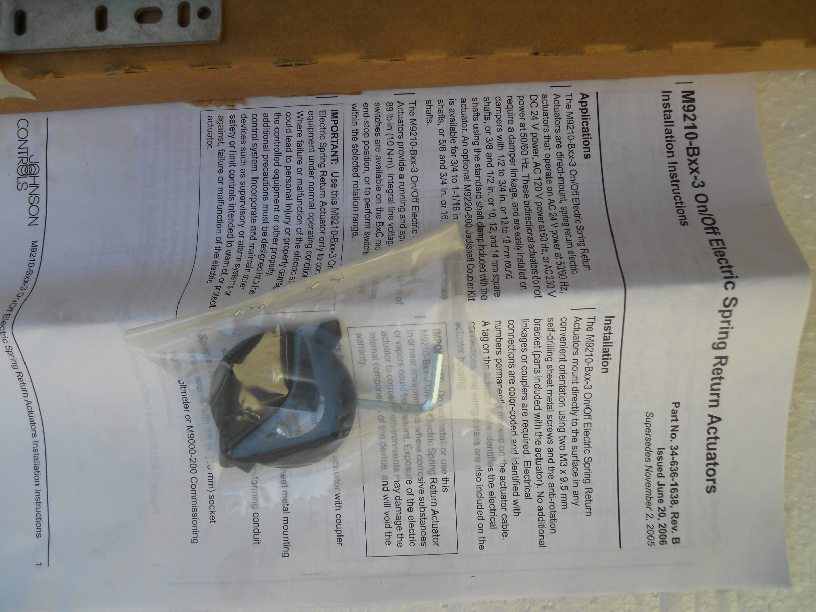 Johnson Controls M9210-BGA-3 HVAC Spring Return Actuator