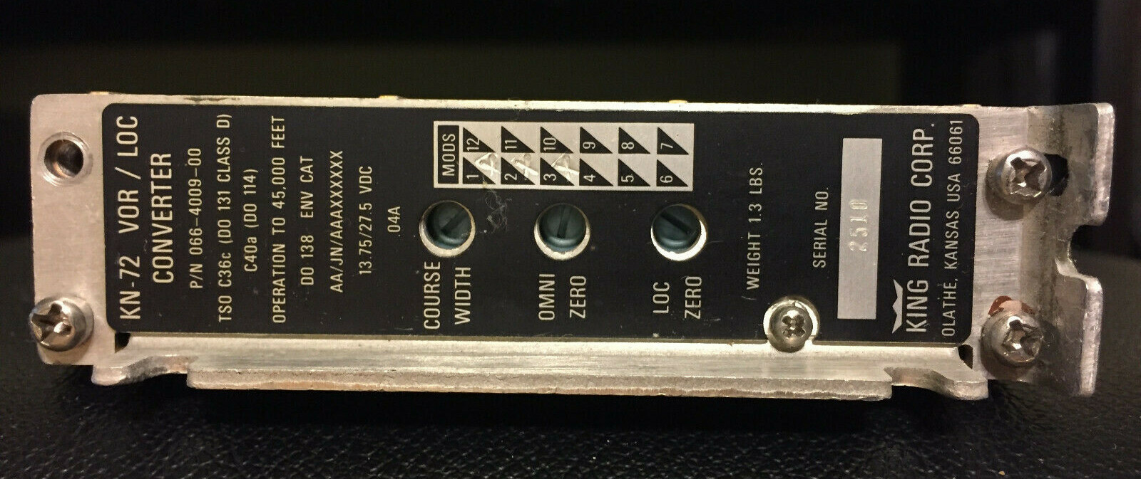 KING RADIO KN-72 VOR/LOC CONVERTER PN 066-4009-00 (USED, AS REMOVED)