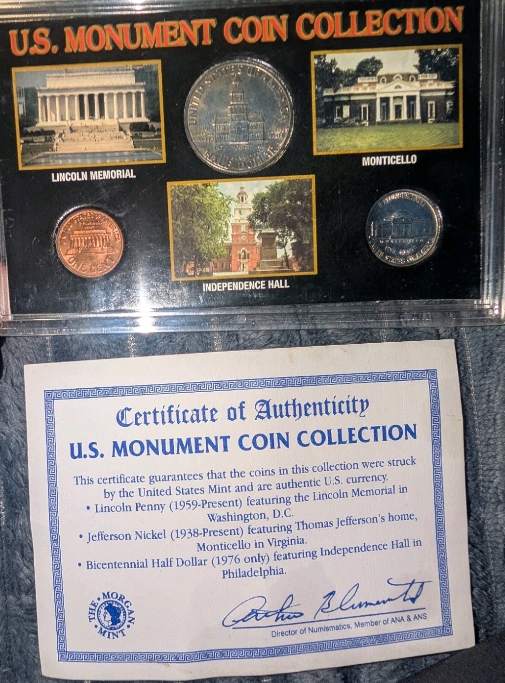 MORGAN MINT  U.S. Monument coin Collection sealed  coins 1c 5c & 25c W/COA