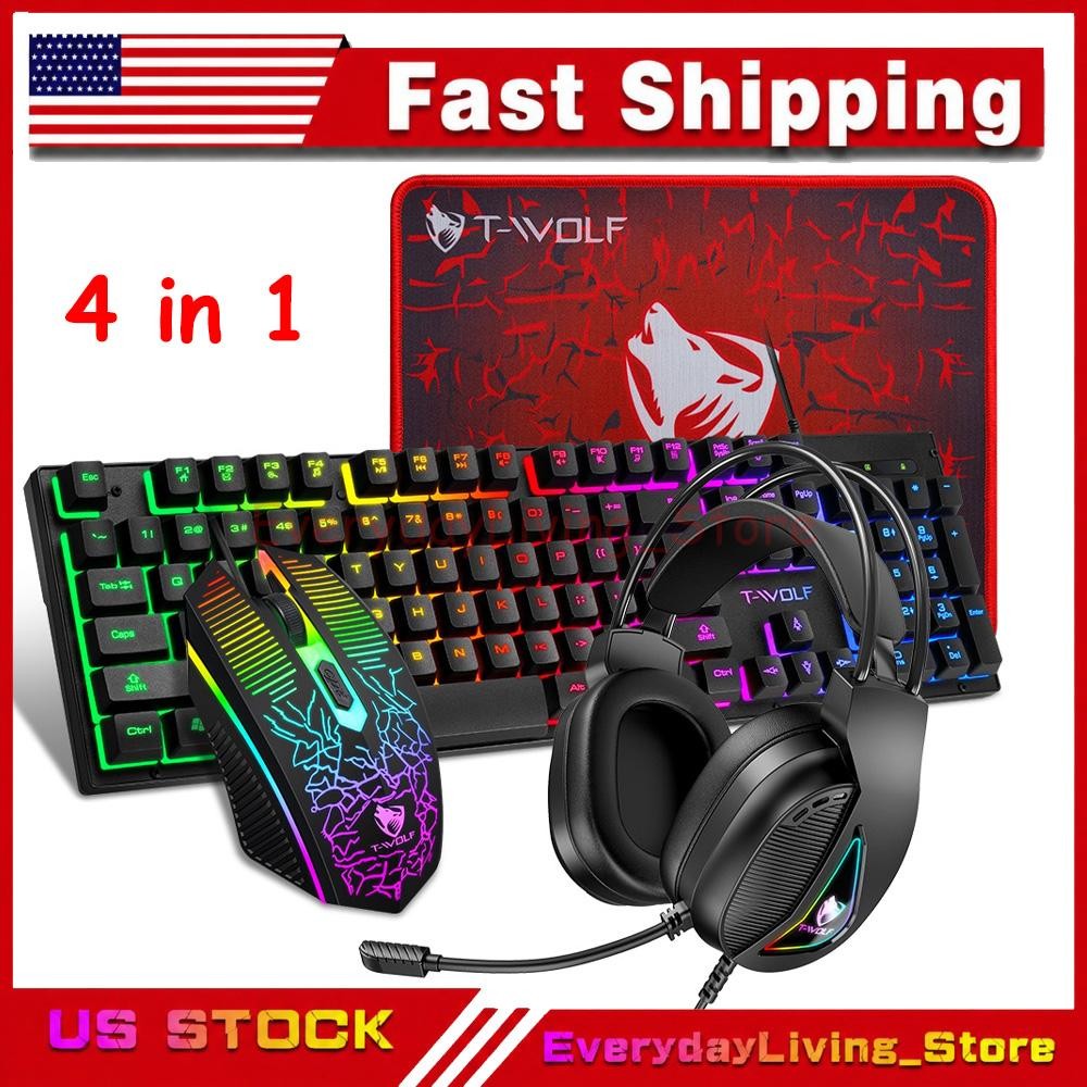 4IN1 RGB PC Gaming Keyboard Mouse & Headset Set LED Gamer Bundle Mechanical Kits