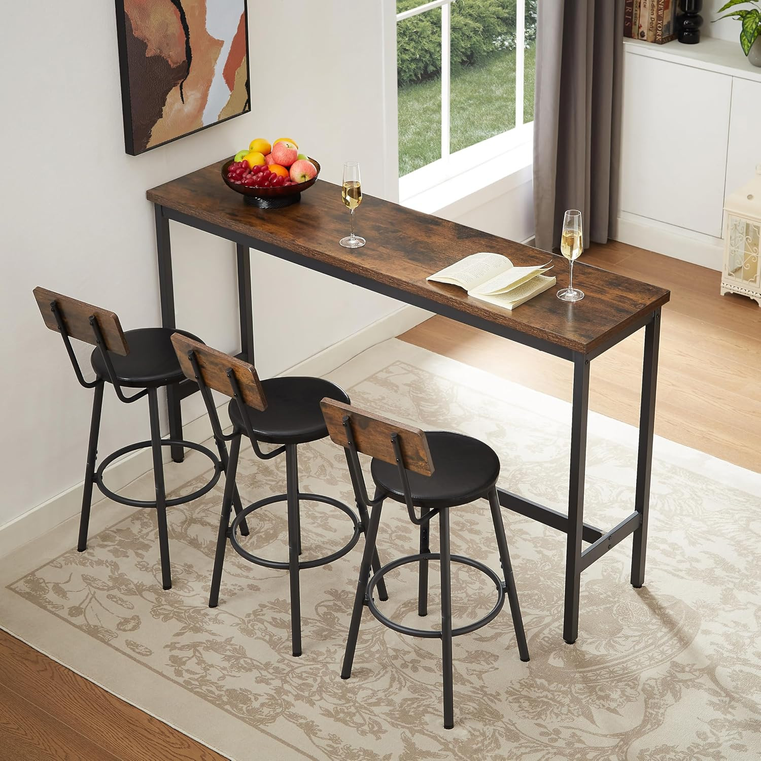 63" L Bar Table and Chairs Set for 3, 4 Piece Long Rectangle Pub Bistro Dining T