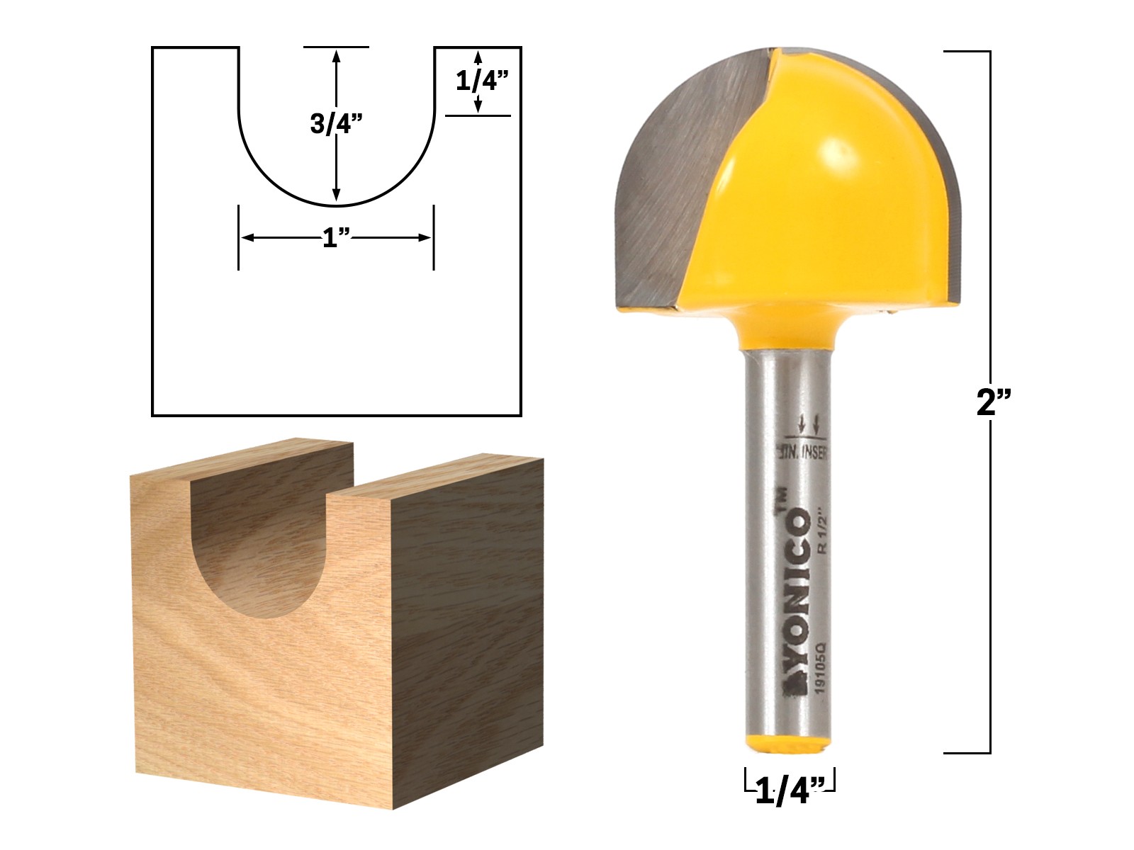 1" Diameter Core Box Router Bit - 1/4" Shank - Yonico 19105q