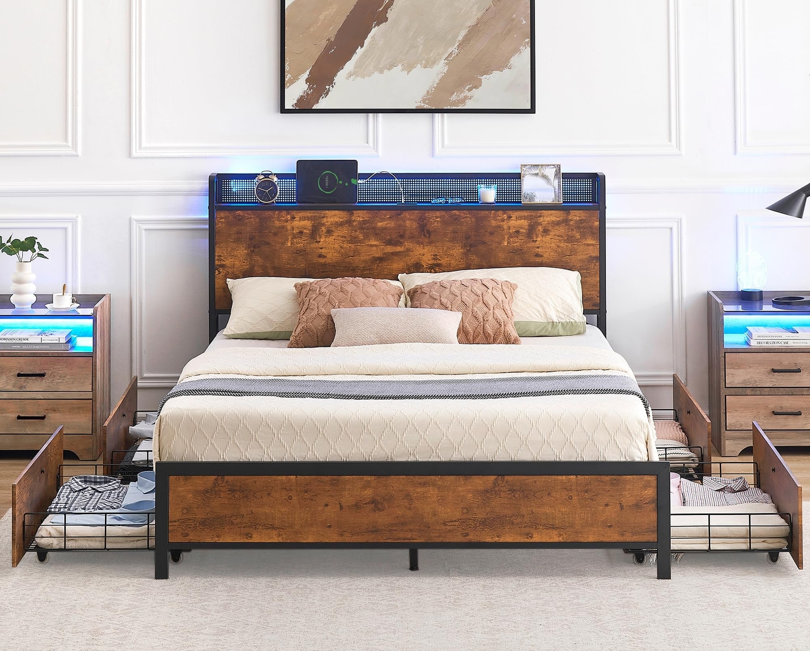 Full Size Bed Frame with 4 Drawers, Bed Frame with RGB Lights & Charging Station