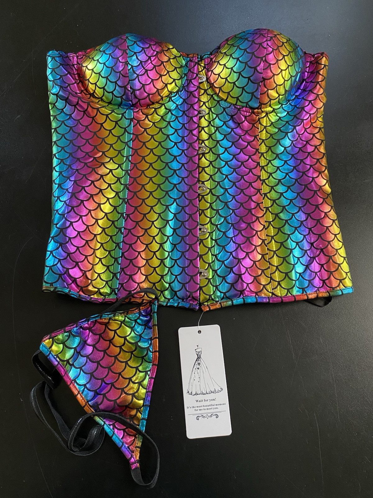 Mermaid Rainbow Overbust Corset Waist Cincher Bustier Top Lingerie L 10-12 NWT