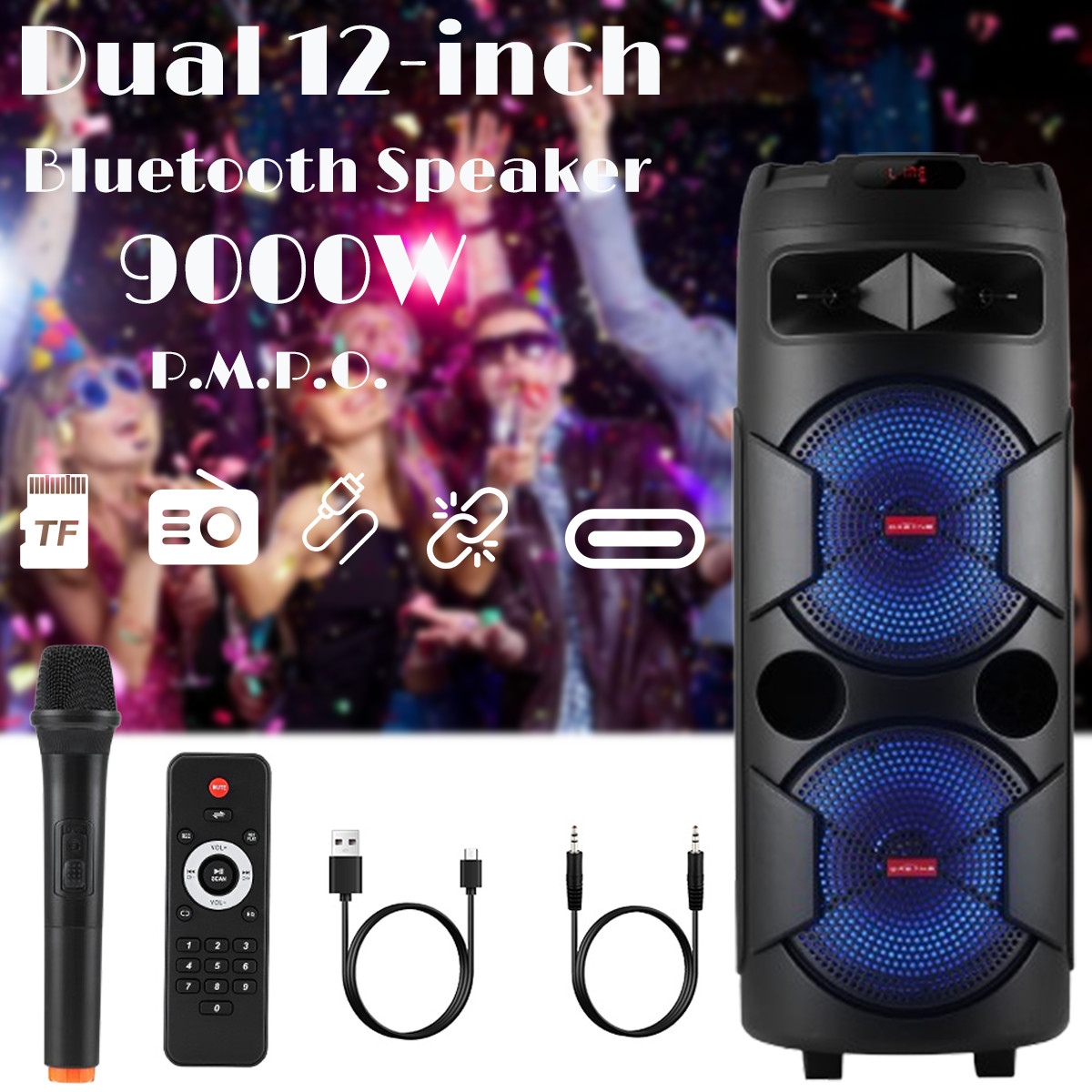 Portable Bluetooth Speaker Dual 12'' Subwoofer FM Heavy Bass Sound Karaoke W/Mic