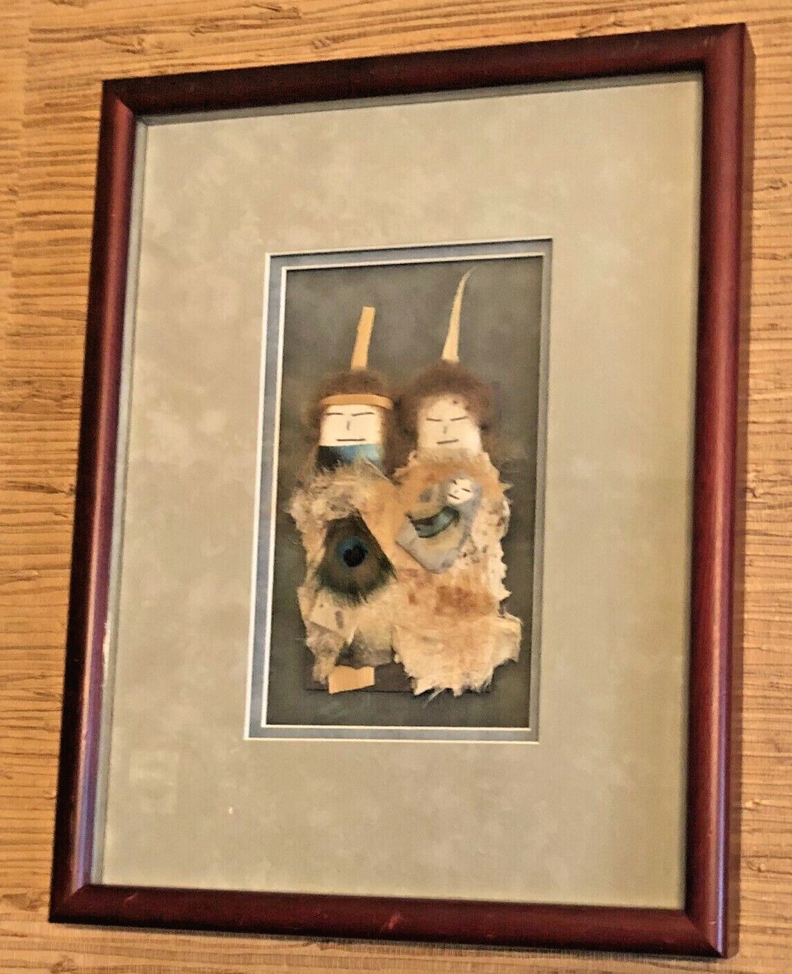 Vtg Native American 3D Indian Family Figures Framed Artist Feathers Fur OOAK