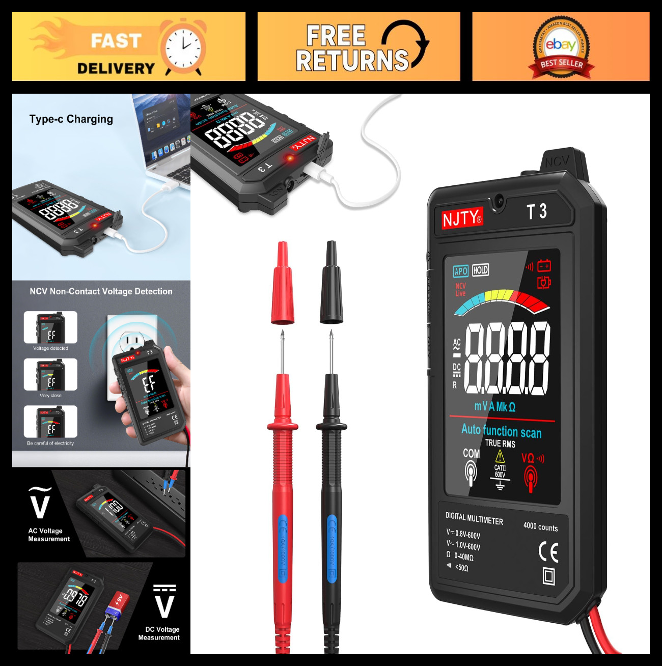 Ultra-Thin Rechargeable Digital Multimeter 600V AC/DC, 3.2” Color LCD, Auto-Rang