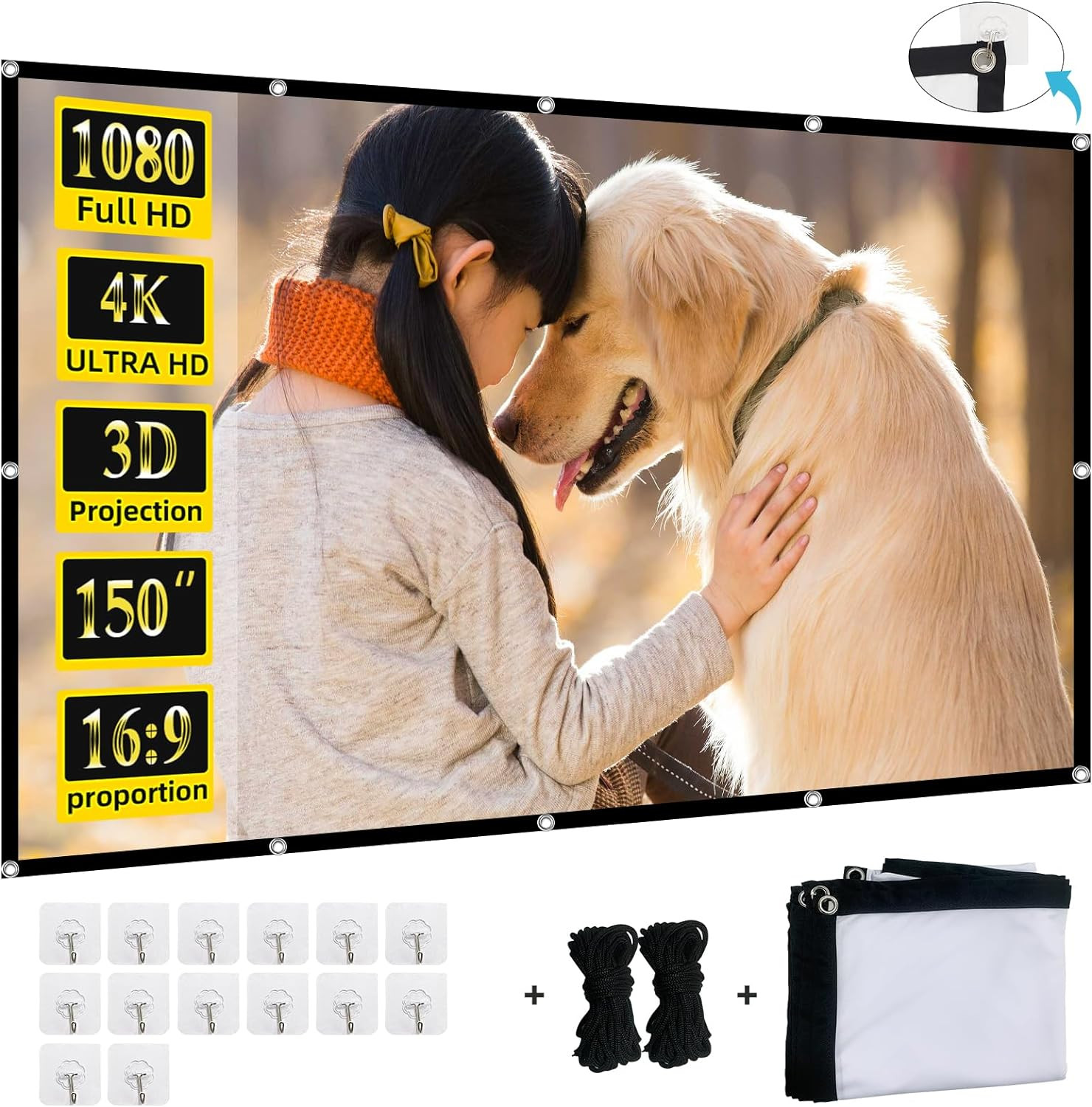 Projector Screen, 150-Inch Projection Screen 4K 16:9 HD Foldable Portable Movie