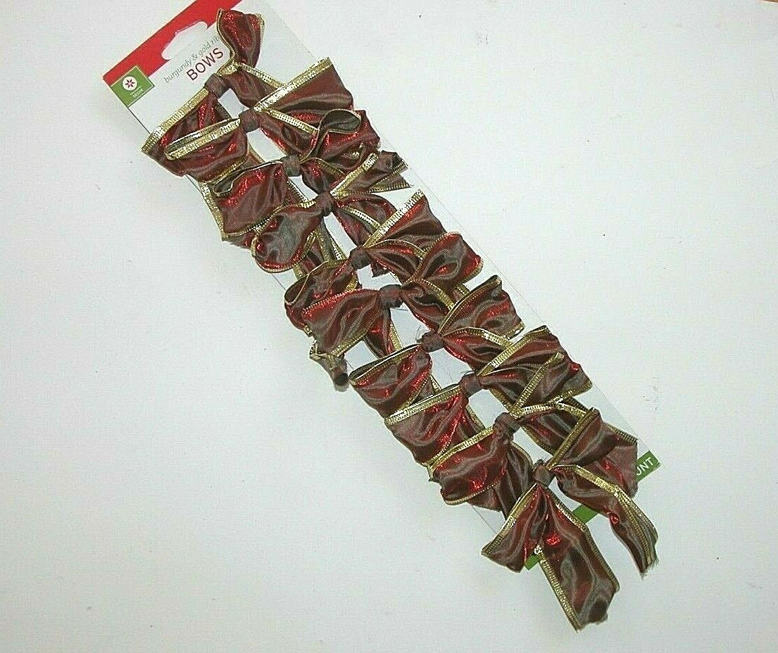 NEW NWT Christmas Bows Burgundy Gold Wire Edge Set 10