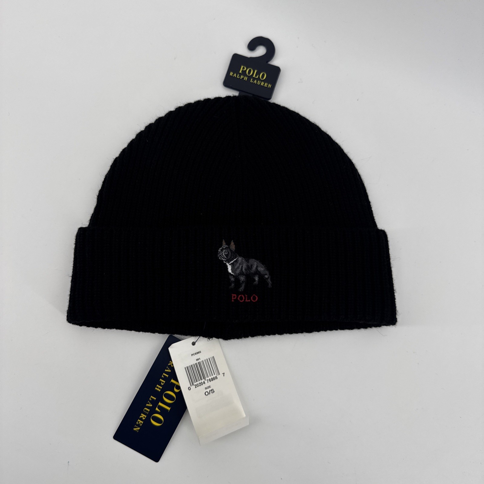 Polo Ralph Lauren French Bulldog Knit Cuff Hat Black Beanie
