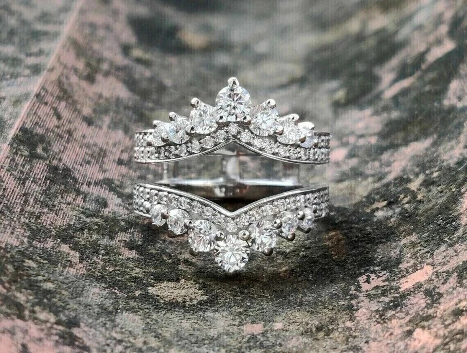 2.50Ct Round Cut Real Moissanite Enhancer Guard Wrap Ring 14K White Gold Plated