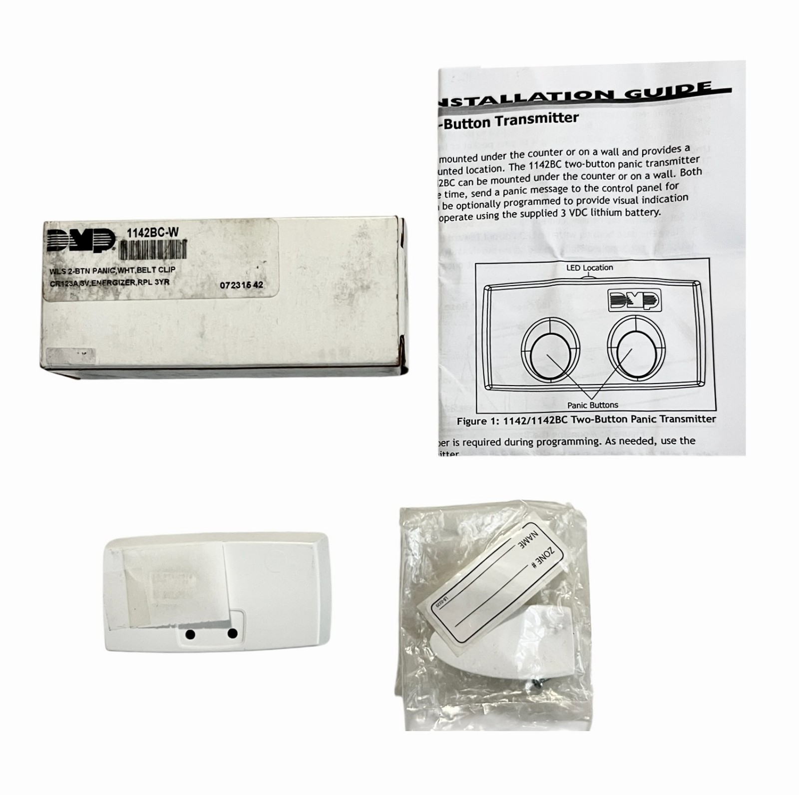DMP 1142BC-W Wireless 2-Button Transmitter Remote with Belt Clip White