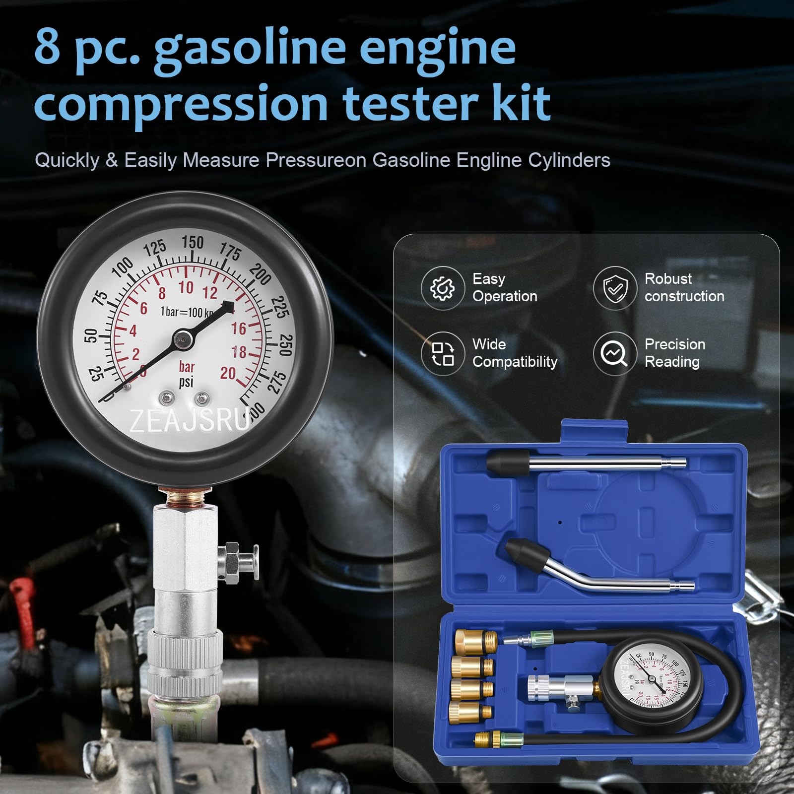 Compression Tester Kit Gasoline Engine Cylinder Pressure Gauge 0300 PSI 8PC