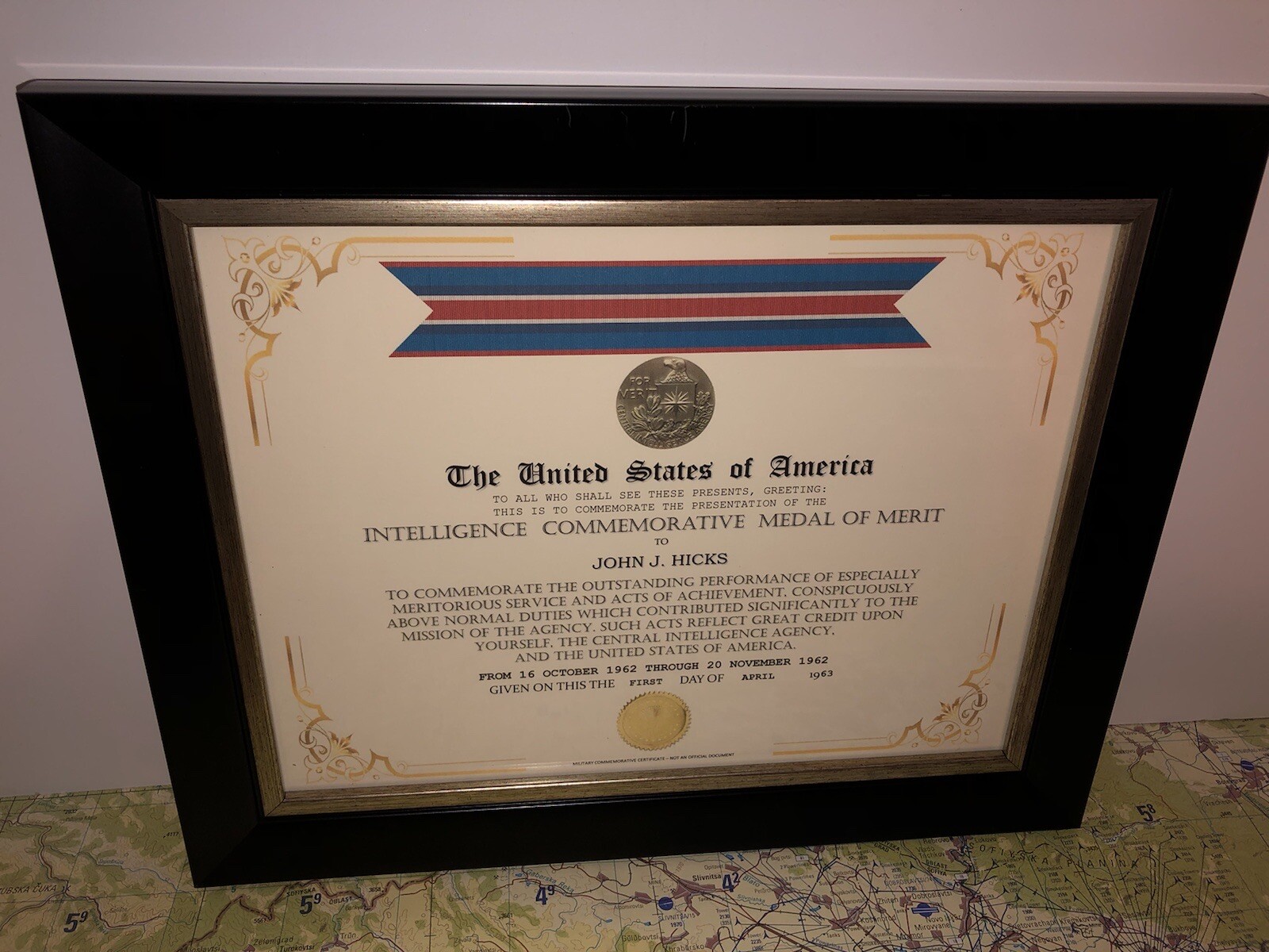 CIA - INTELLIGENCE COMMEMORATIVE MEDAL OF MERIT CERTIFICATE Type-1