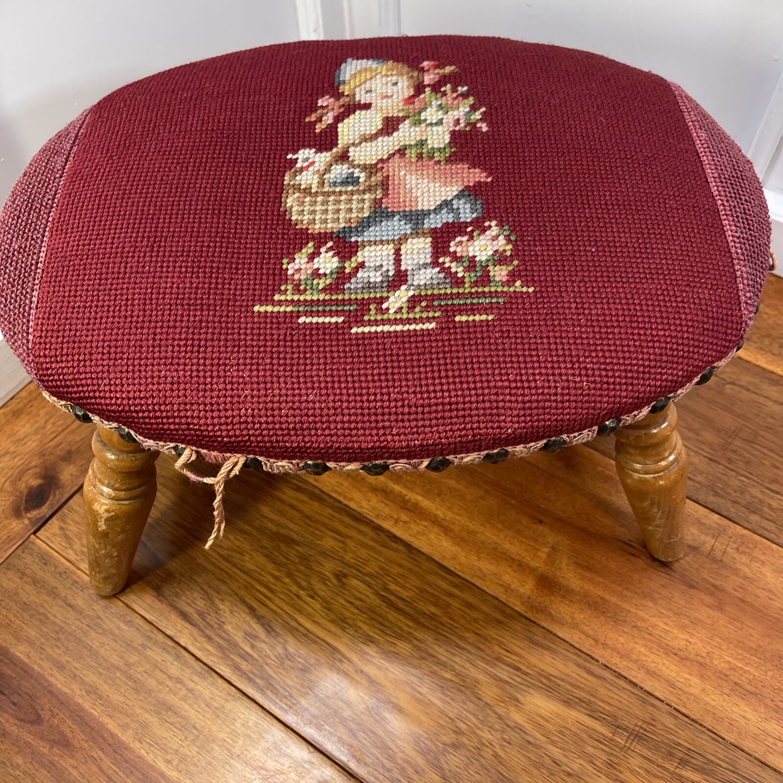Antique Needlepoint Footstool Hummel Flower  Burgundy  - Rustic