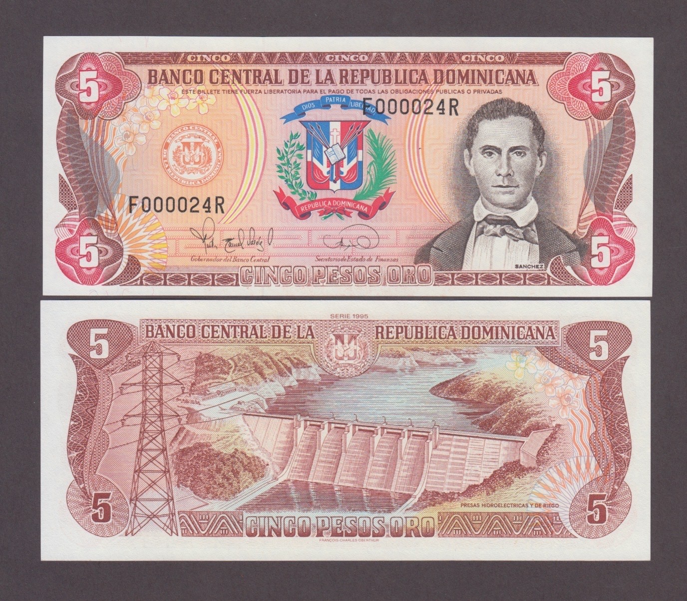 DOMINICAN REPUBLIC P.147a  5 PESOS ORO 1995 F/R LOW S/N UNC WE COMBINE  2606