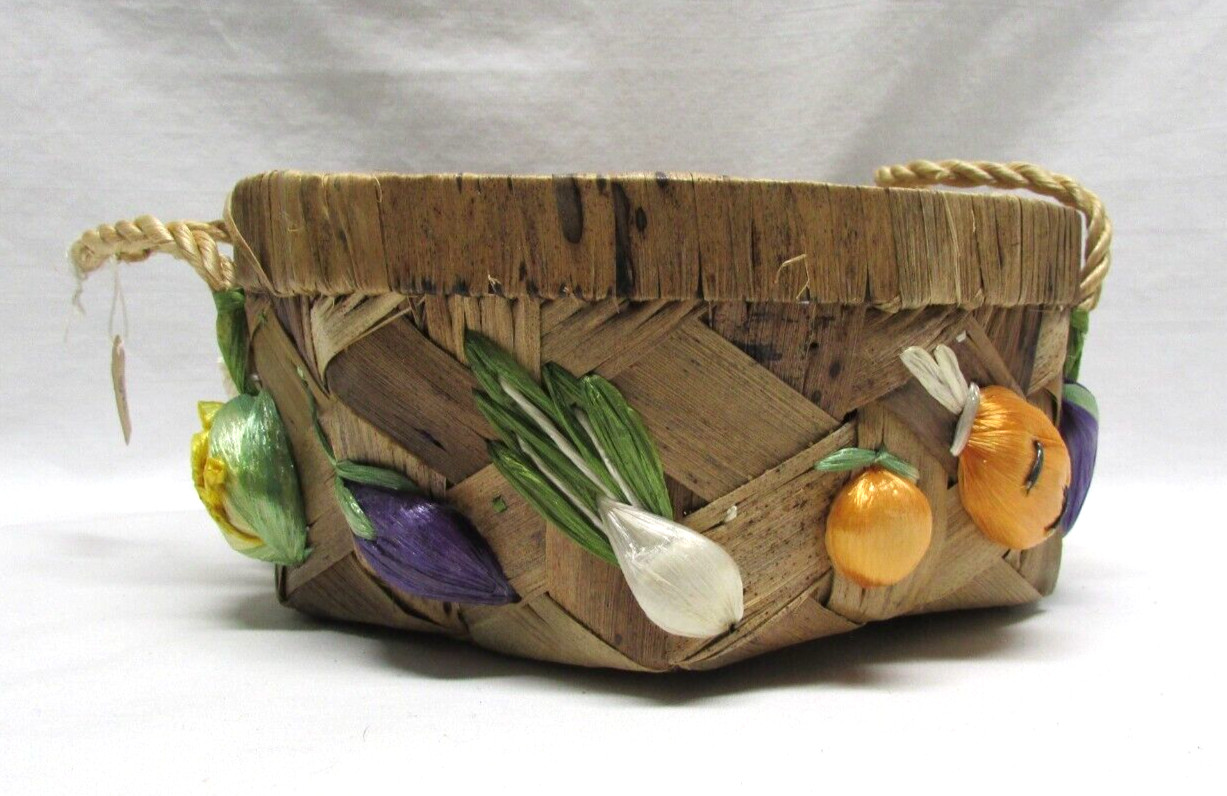 Vintage Handmade Raffia 8in Fruit Basket Burlap Lined Made in Philippines