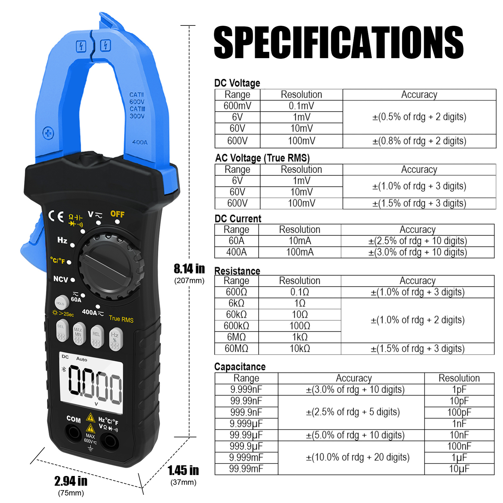 Digital Clamp Meter TRMS AC DC Volt Amp Current Clamp on Voltmeter Multimeter