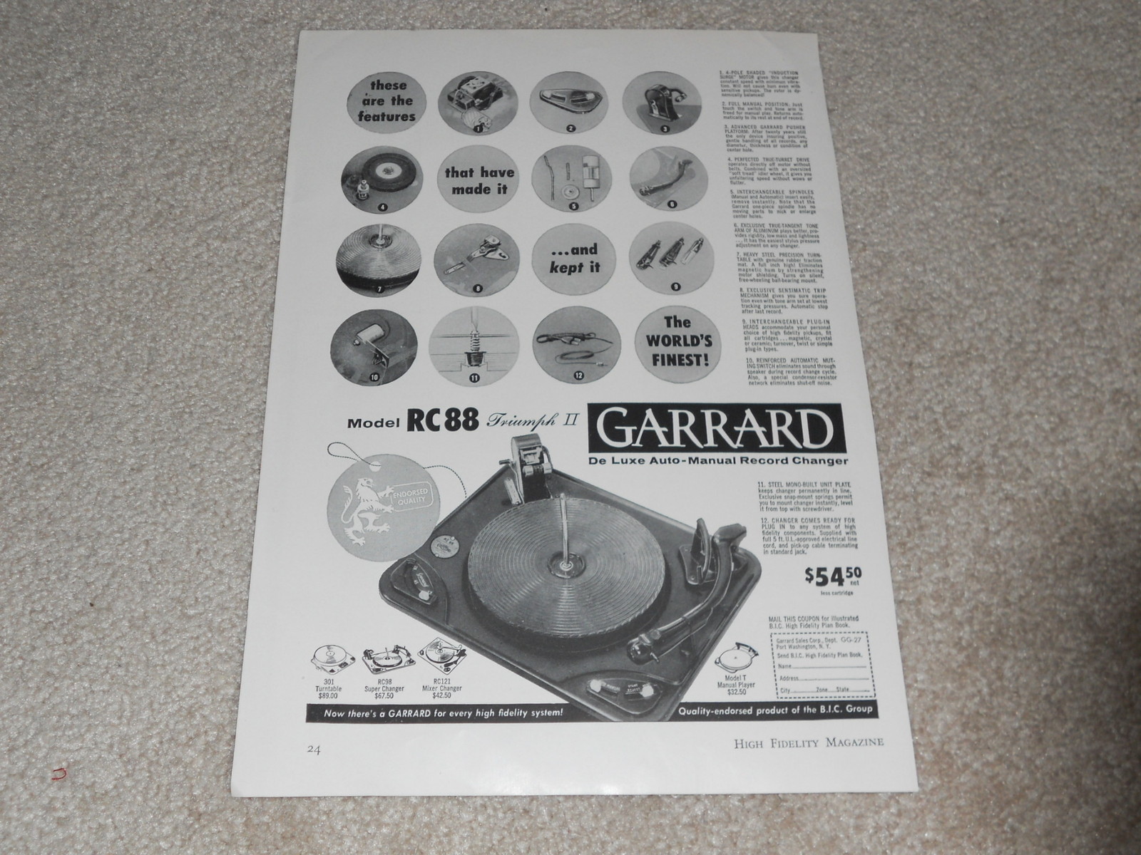 Garrard RC 88 Triumph II Ad, 1957, 1 pg, Beautiful Ad! Articles, Info