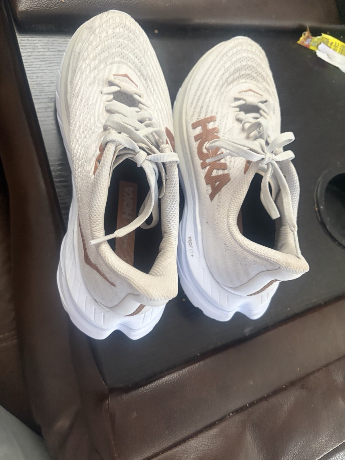 Hoka One One Mach 5 Men's Athletic Running Shoes White Brown Mesh Lace-Up 7.5