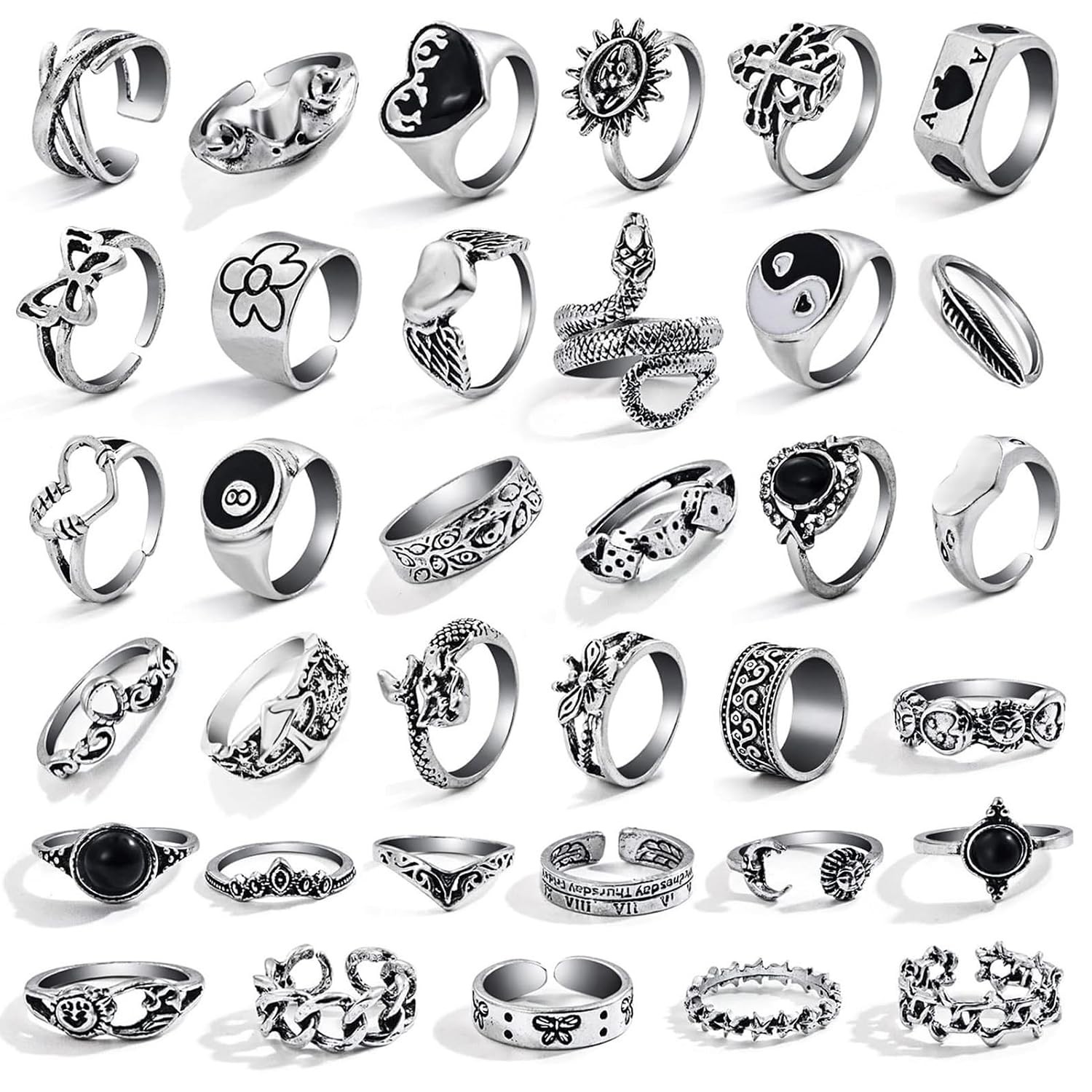 Vintage Silver Grunge Gothic Knuckle Rings Set for Men Women 35 Pcs