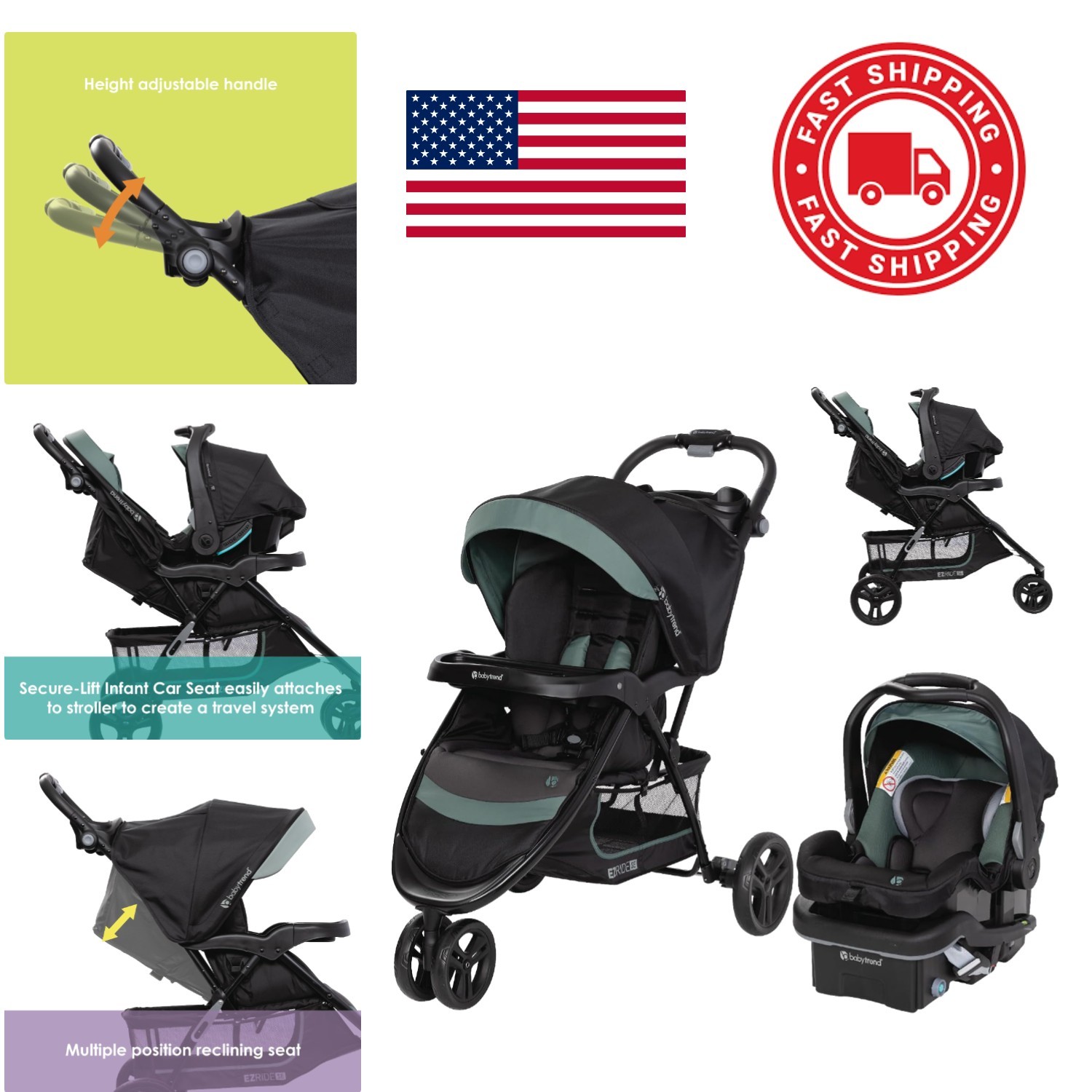 Travel System with Infant Car Seat and Stroller Three Wheel Design Dash Sage