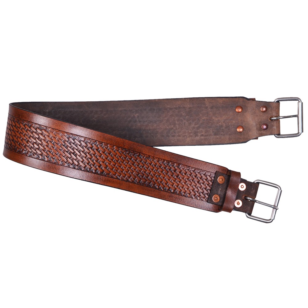 67KK Comfytack Horse Saddle Cinch Girth Handtooled Basketweave Leather Brown