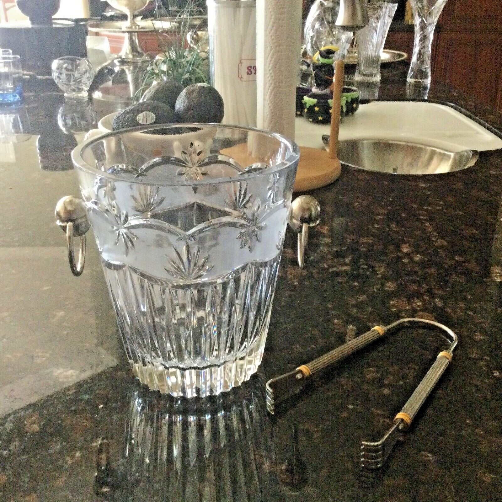 Heavy Vintage Leaded Frosted Floral Edged Crystal Ice Bucket w/Tongs