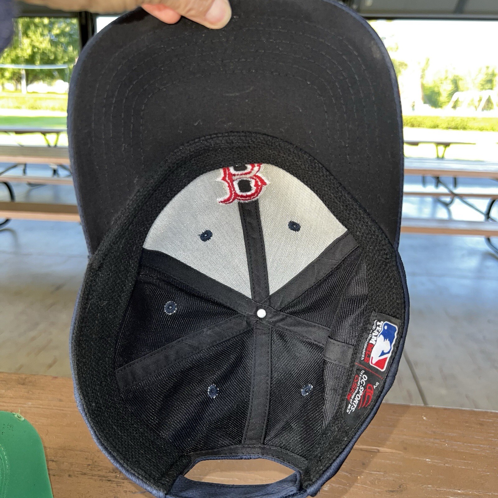 Boston Red B w White Outline on Navy Hat Cap Hook Loop Team MLB OC Sports