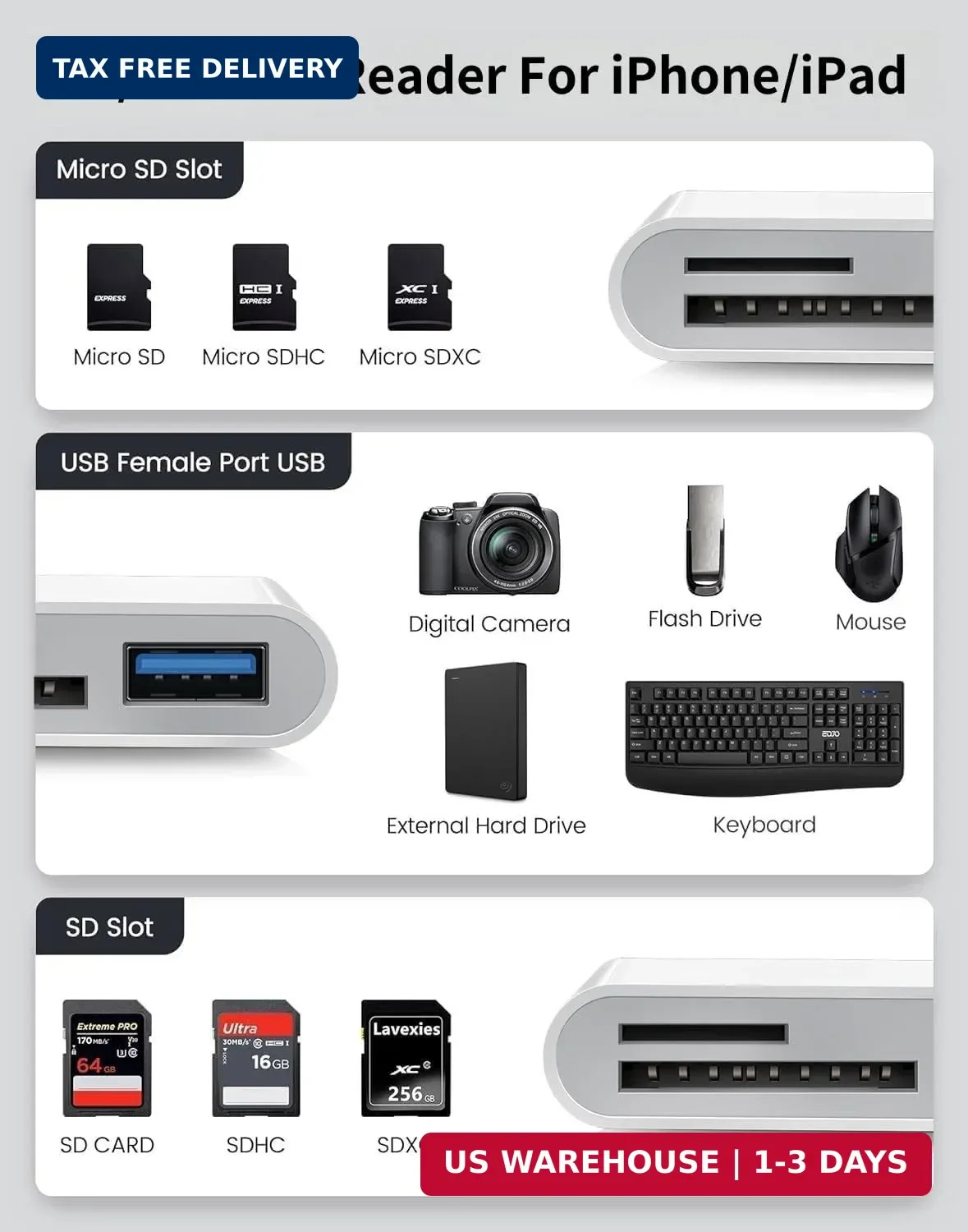 USB C SD Card Reader for iPhone 17/16/15 Series, USB C to Micro SD Memory Card A