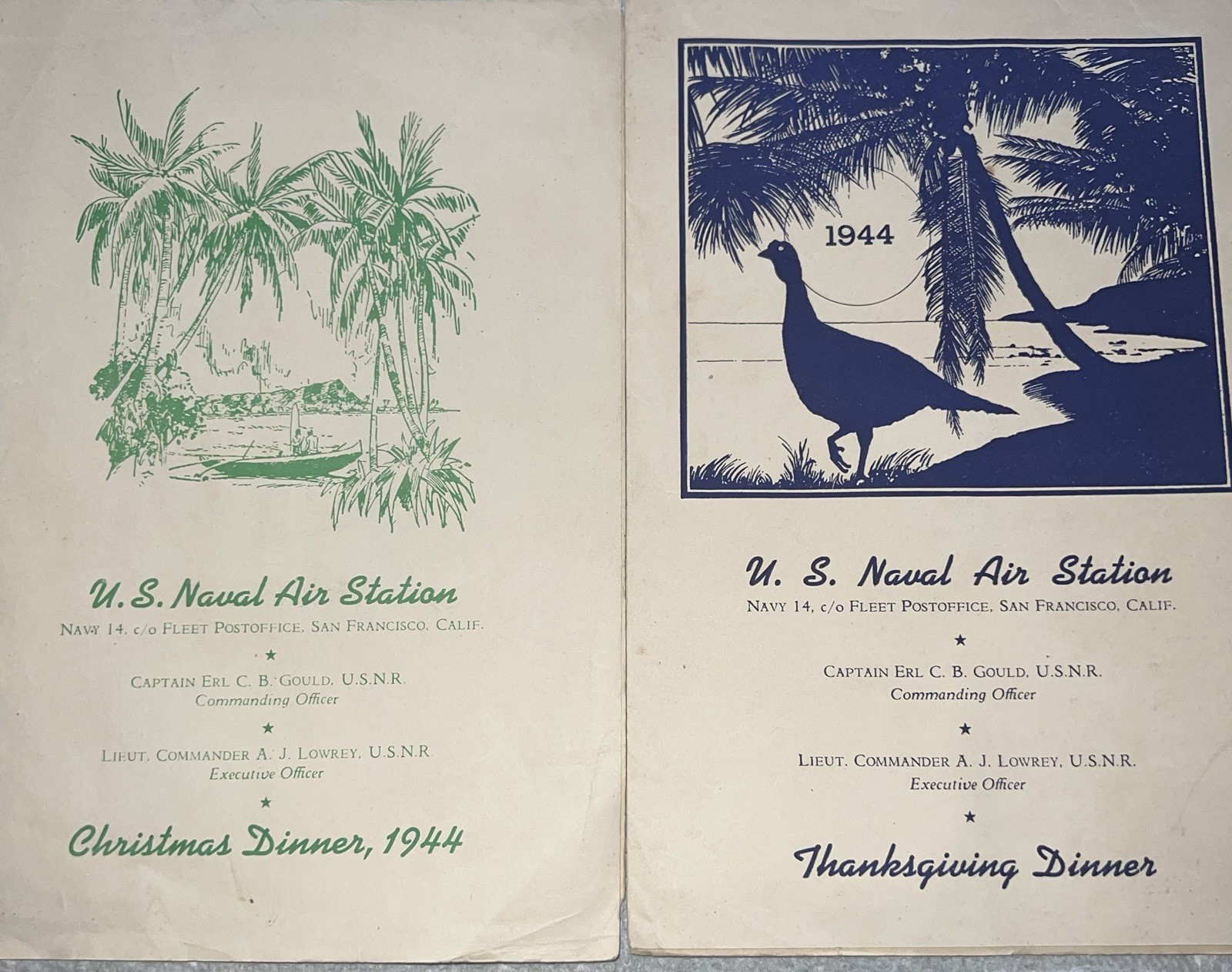 1944 Capt Erl Gould WWII US Navy Tarawa Menus Thanksgiving & Christmas
