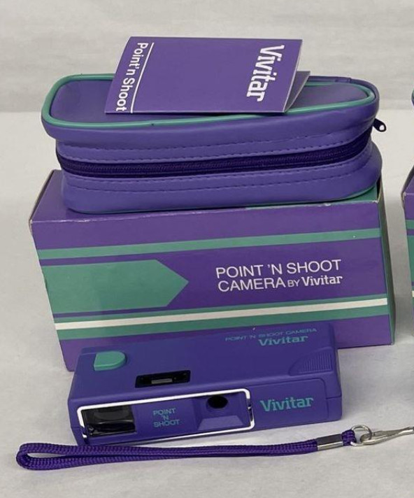 📼 RAD '90s VINTAGE! Vivitar Point 'N Shoot Film Camera Set • Purple & Teal Avon