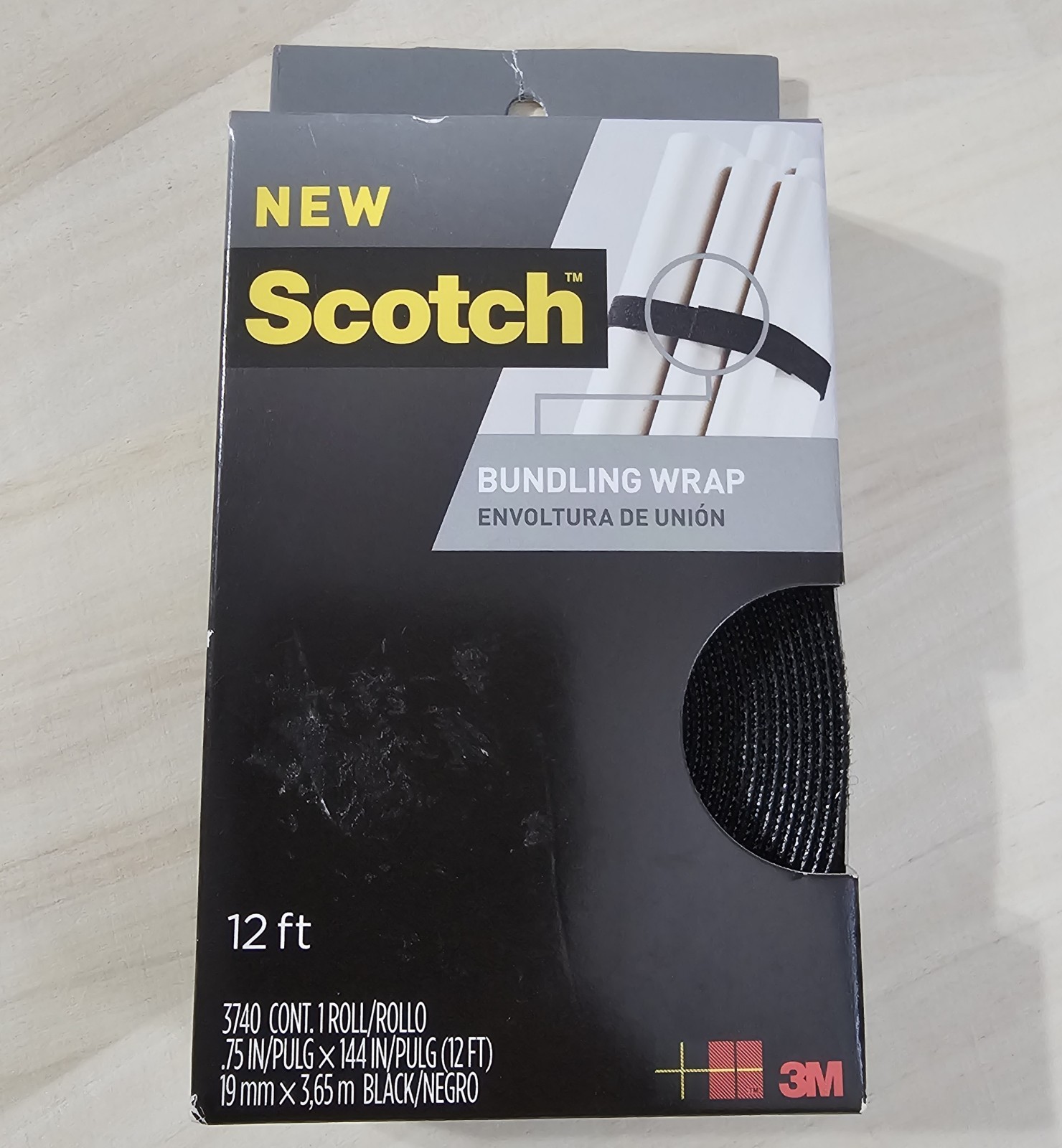 Scotch Hook & Loop Black Bundling Wrap 12ft x .75in Cut to Fit New in Box