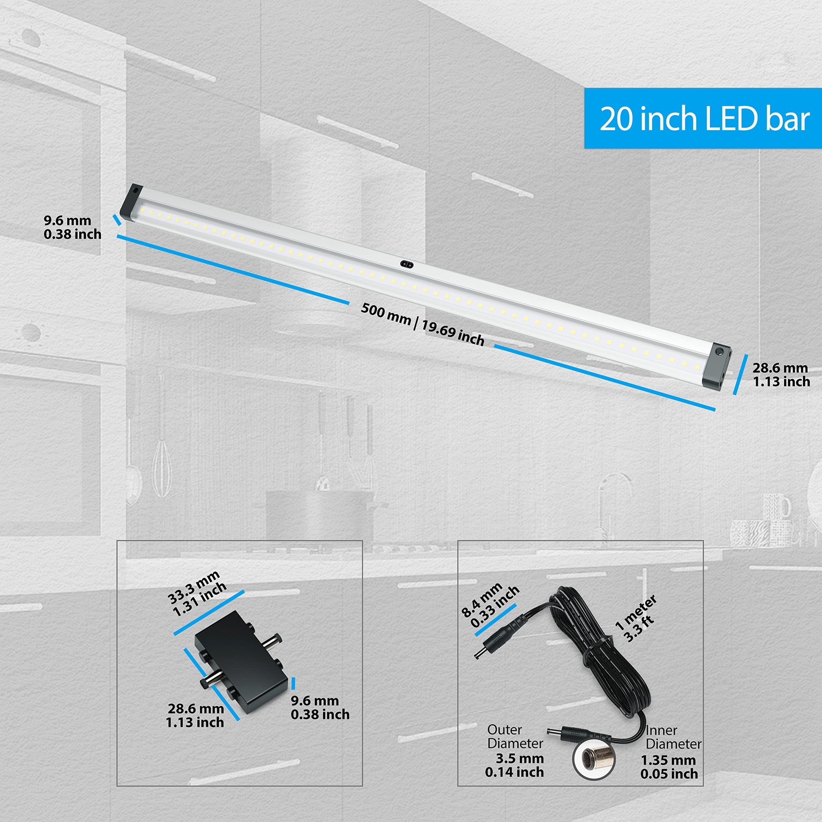 Extra Long 20 inch Dimmable Under Cabinet Lighting Strip with Hand Wave Motio...