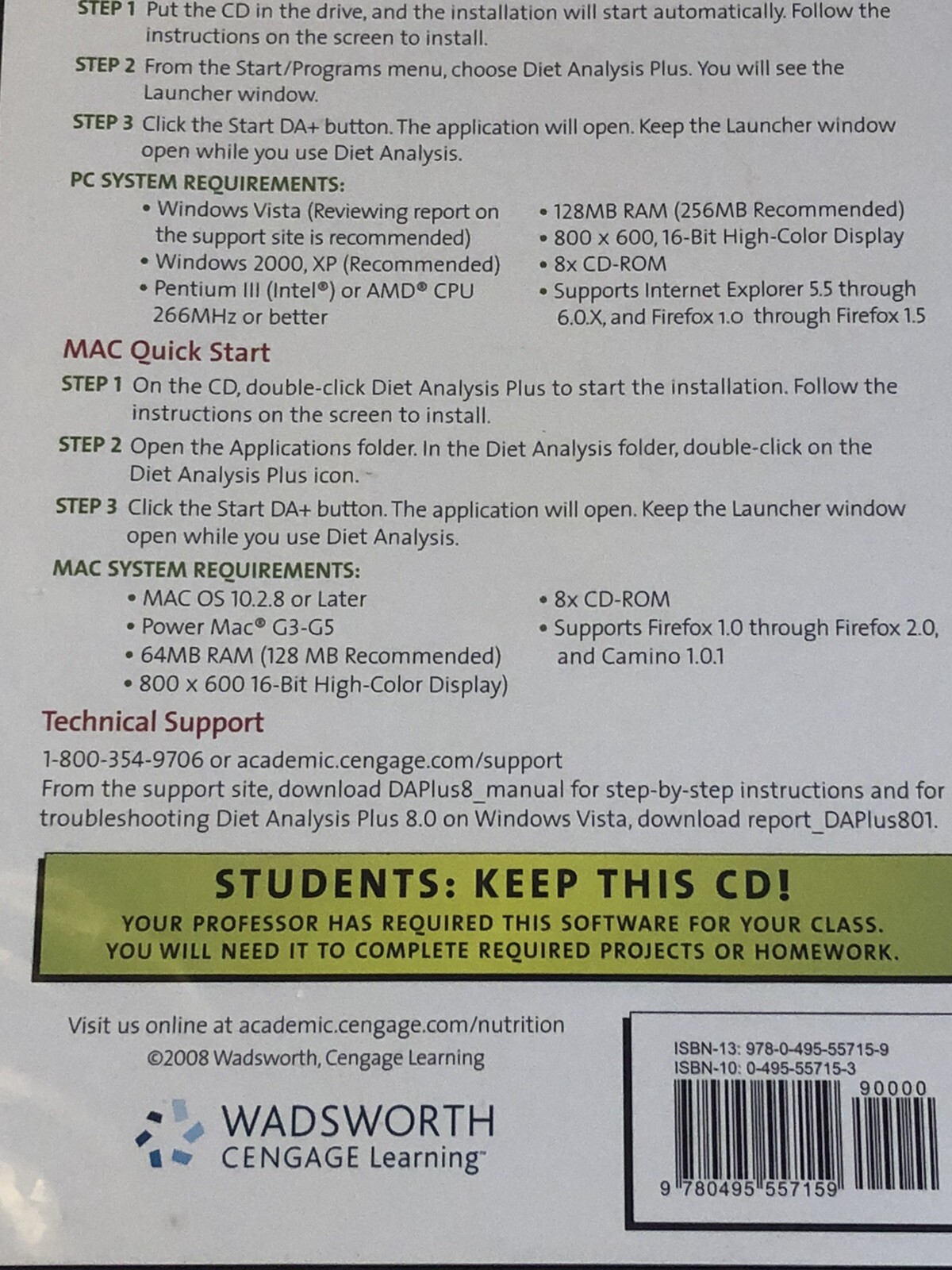 Diet Data Analysis Plus + Version 8.0.1 CD-ROM Windows Mac XP Vista 7 Wadsworth
