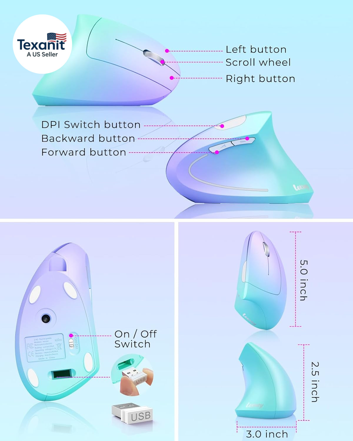Ergonomic Mouse, Vertical Wireless Mouse, Rechargeable 2.4G Optical Carpal Tunne