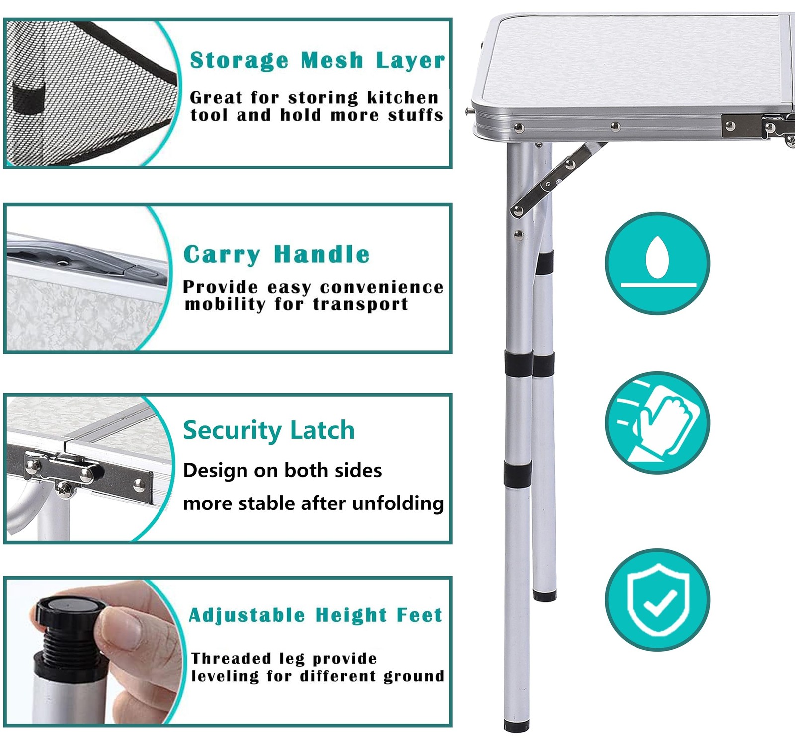 Adjustable Height Camping Table with Mesh Layer, 23.6" x 15.7" Portable Foldi...