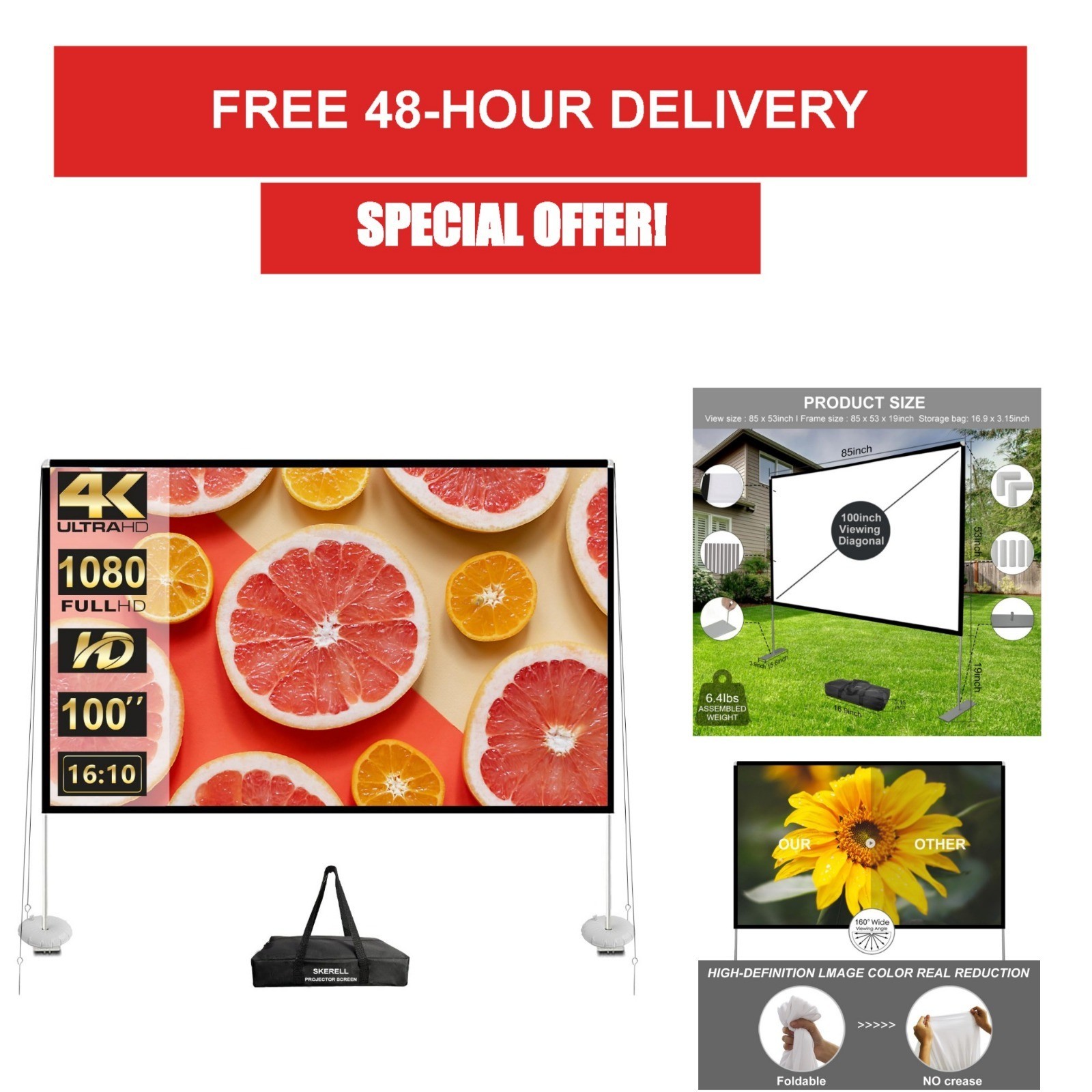 SKERELL 100 Inch Outdoor Projector Screen with Stand - Portable 16:10 4K HD