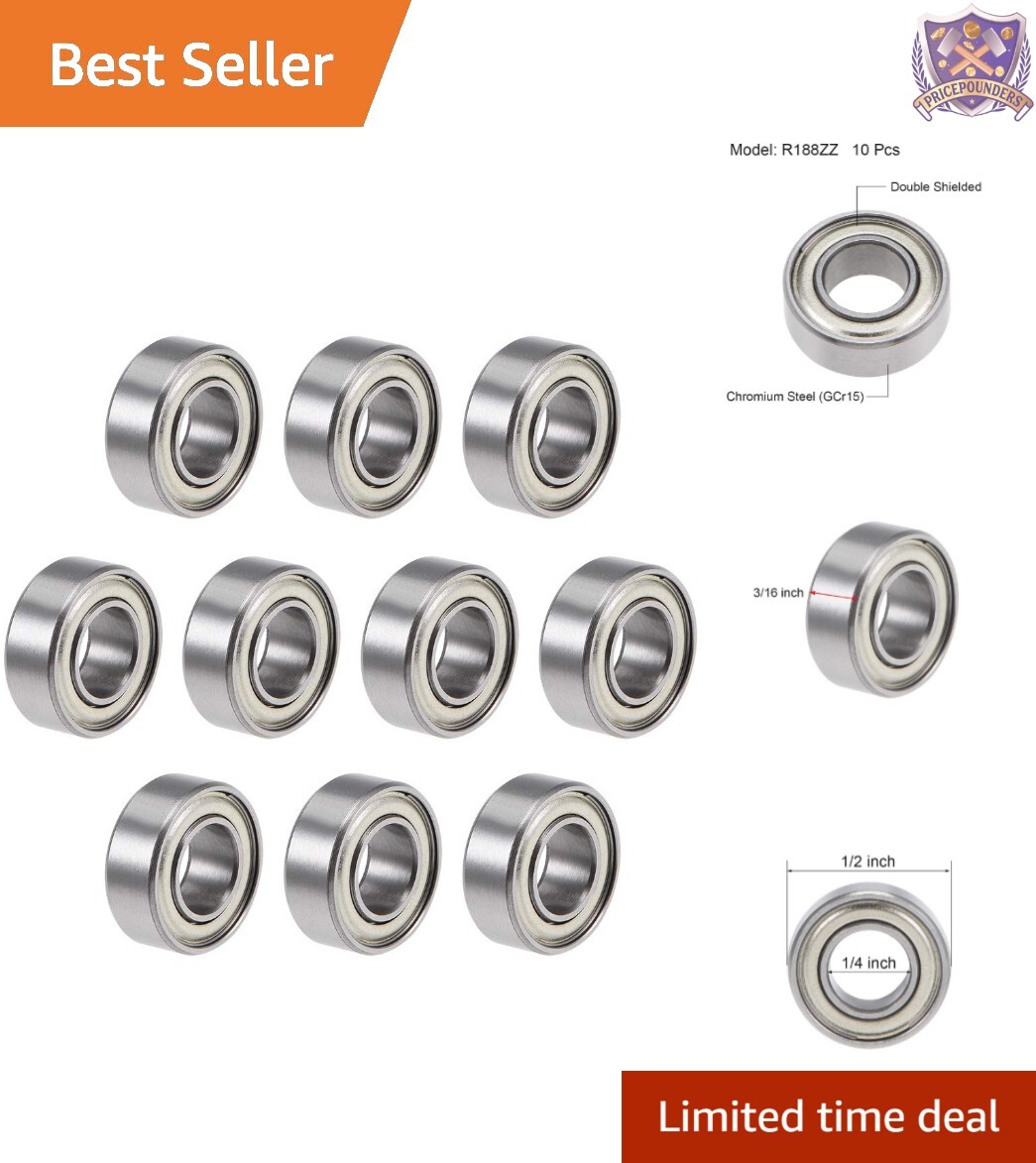 10x R188ZZ Deep Groove Ball Bearings - 1/4 x 1/2 x 3/16 Inch, Sealed Durability