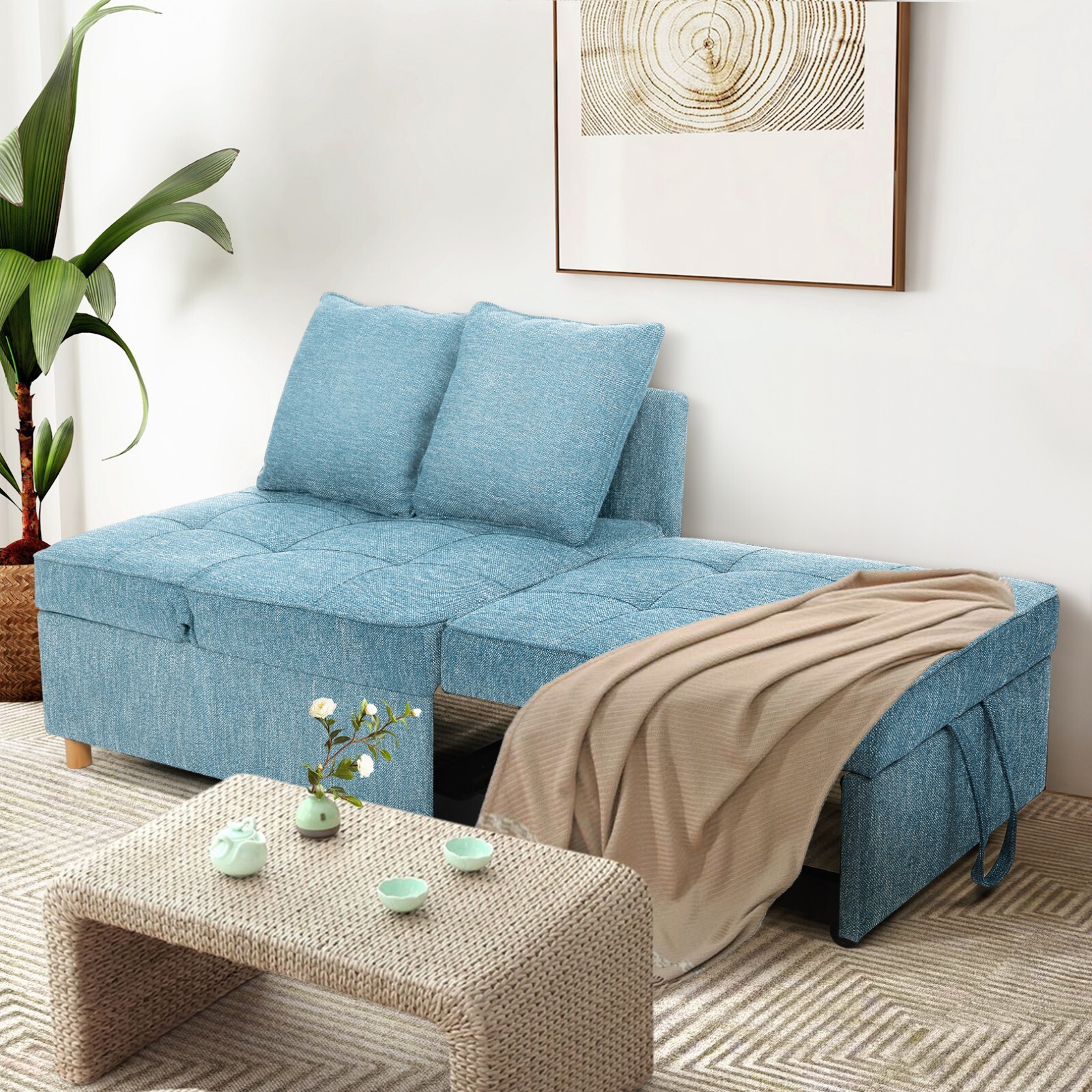 Folding Ottoman Sofa Bed Chair 4-in-1 Sleeper Sofa Adjustable Backrest+2 Pillows