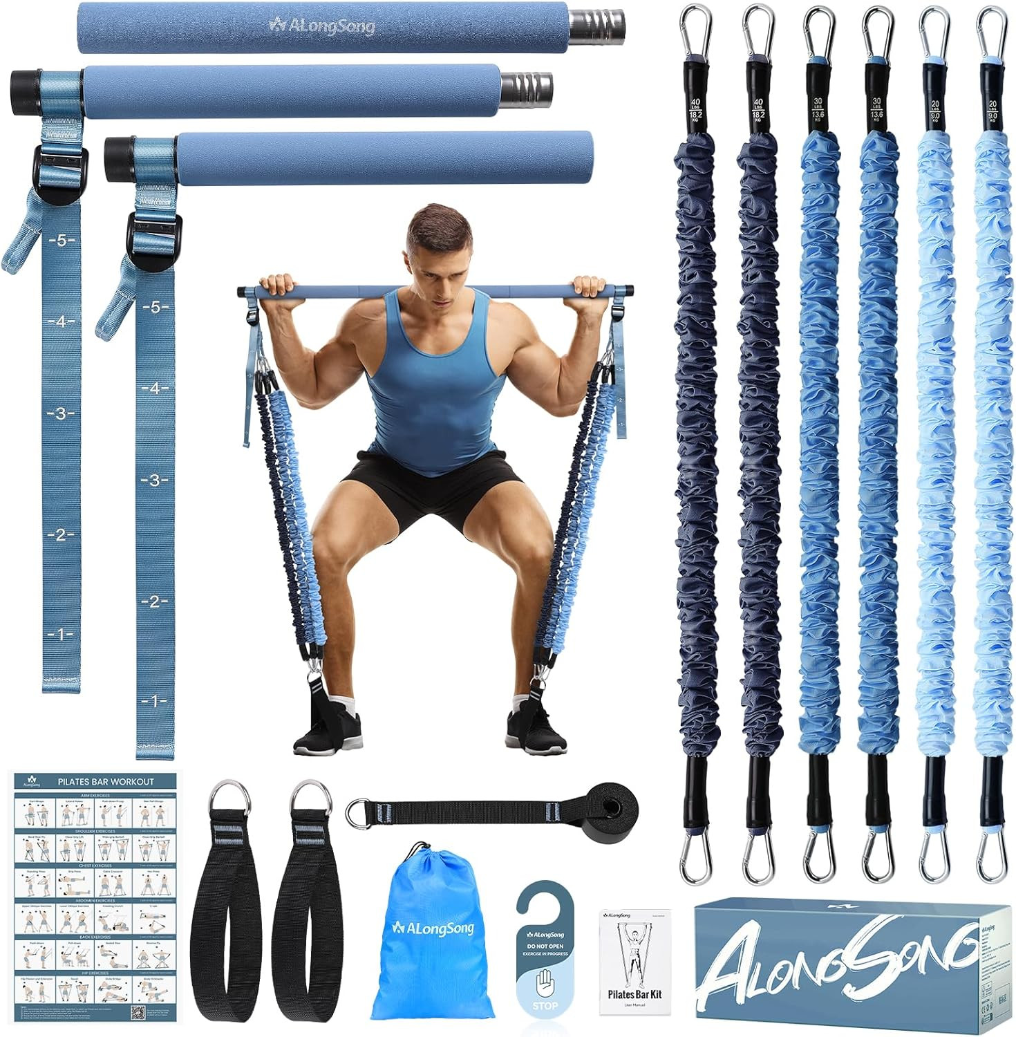 Upgraded Pilates Bar Kit with Resistance Bands Natural Latex for Women & Men, He