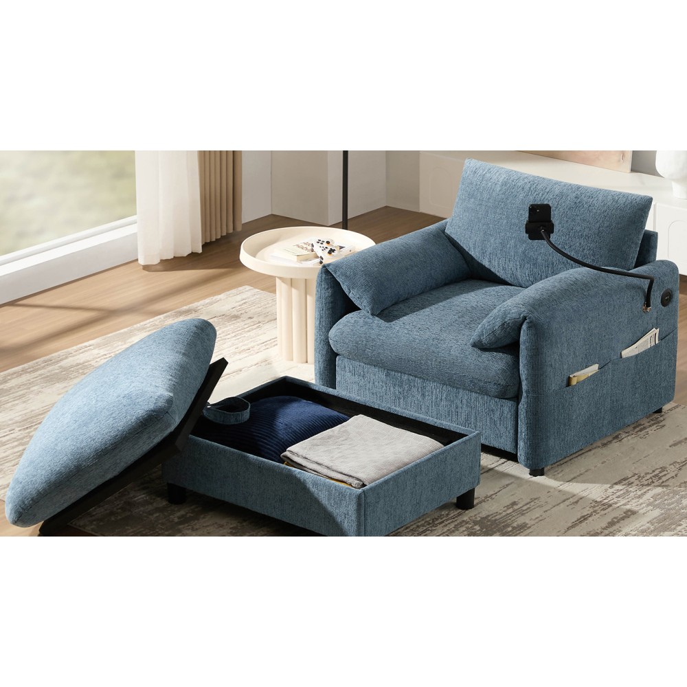 37" Cloud Chaise Sofa w/ Storage Ottoman, Charger & Phone Holder, Blue