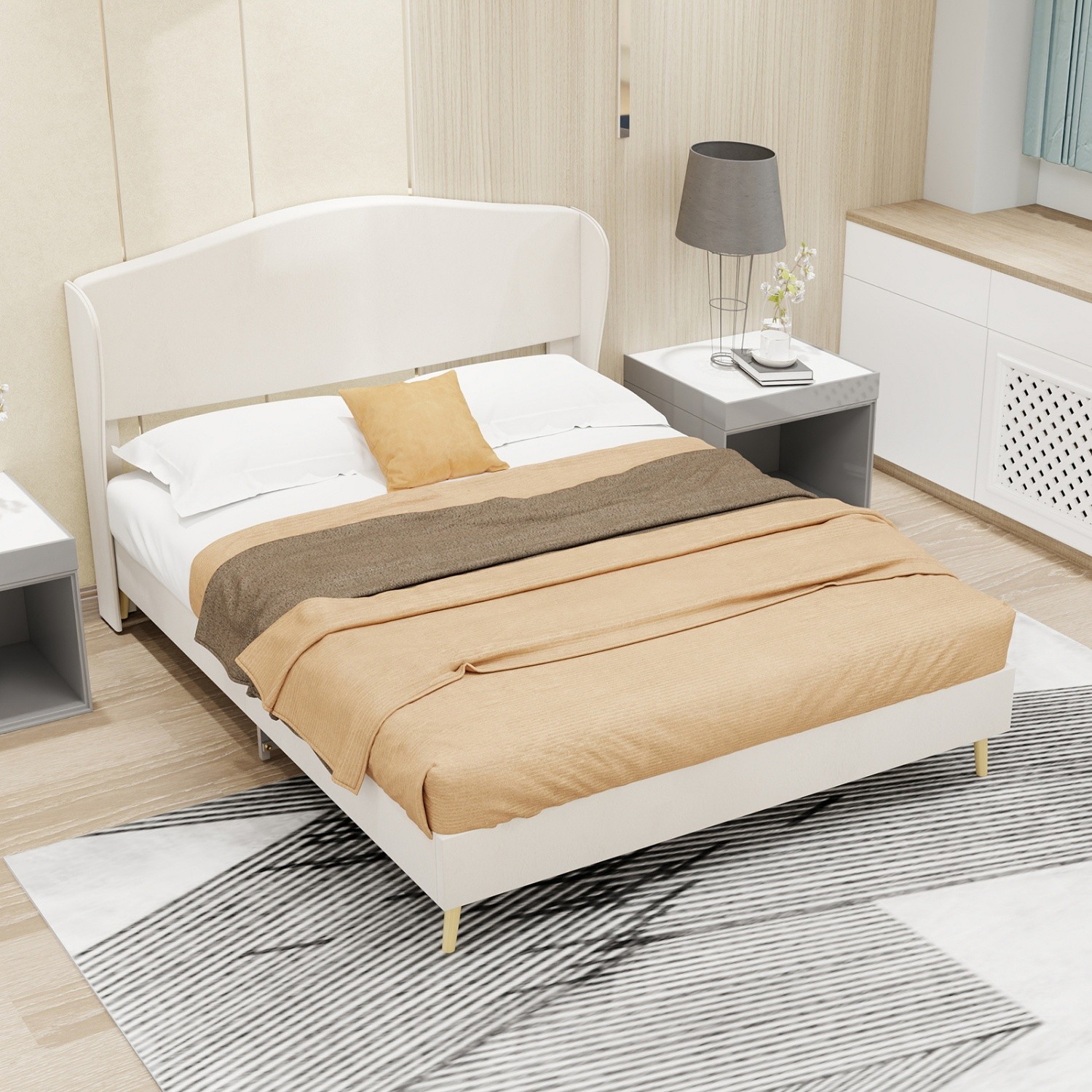 Full/Queen Size Velvet Upholstered Platform Bed Frame with Headboard & Wood Leg