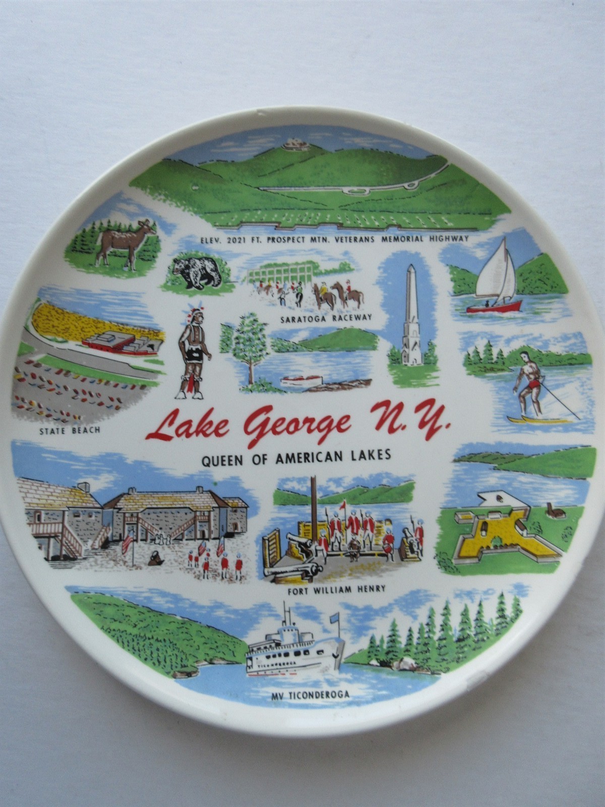 Vintage Lake George New York Souvenir Plate Native American Sailboat Deer 9.25"