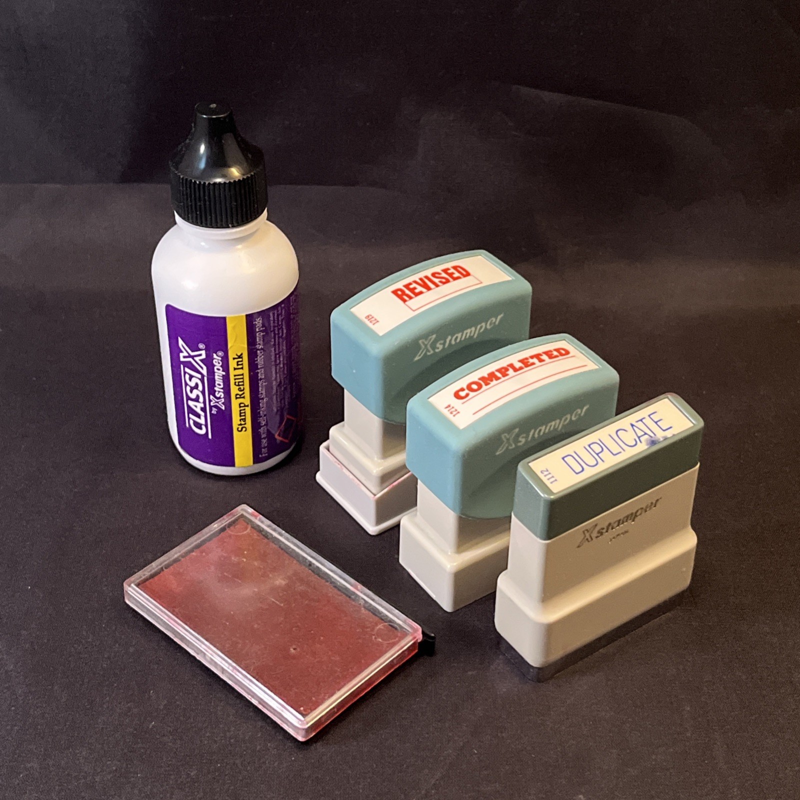 Lot 3x Vintage Shachihata Xstamper Pre-Inked Stamps Revised Completed Duplicate