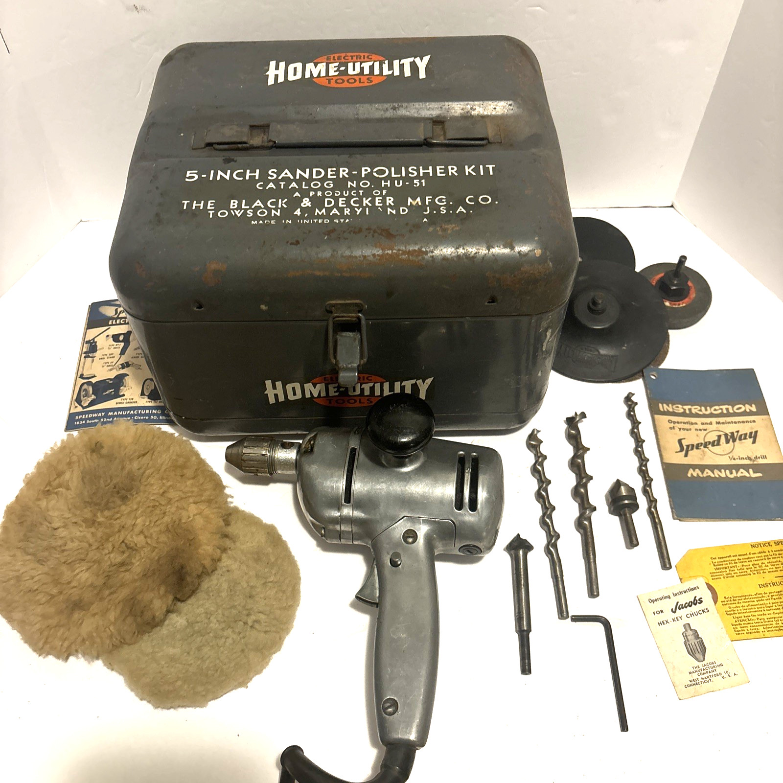 Vintage Black & Decker HU-51 5” Sander Polisher Drill Kit w/ Case, Manual & Bits