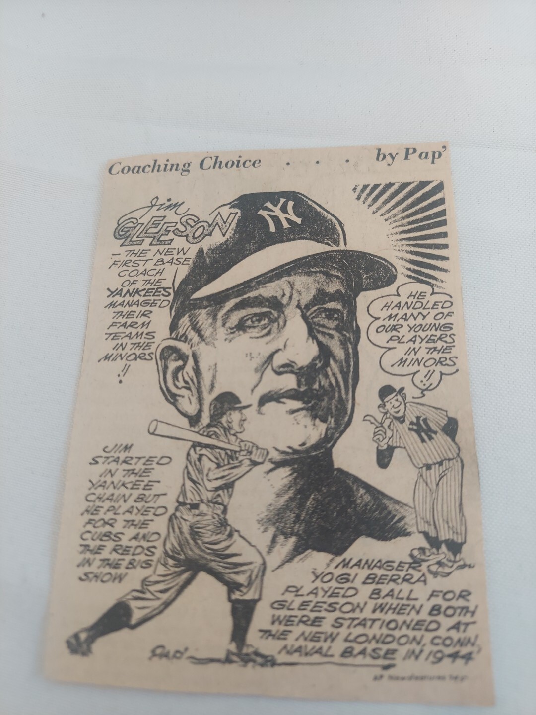 Jim Gleason Yankees  Baseball  Vintage Comic  Drawing Newspaper Clipping By Pap