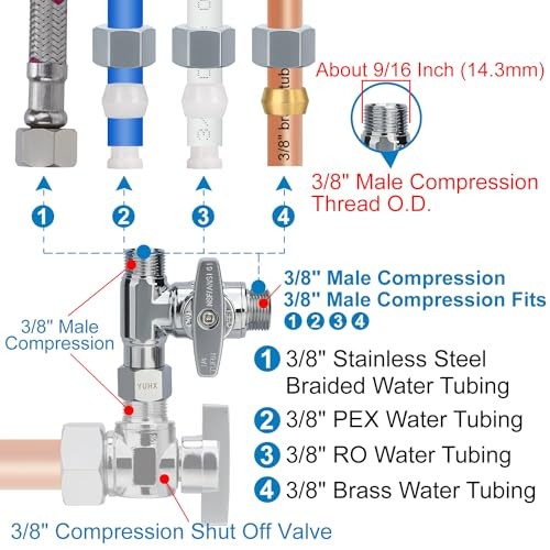 Brass Angle Stop Add-A-Tee Valve,3/8 x 3/8" 3/8x3/8x 3/8 Compression Tee Valve