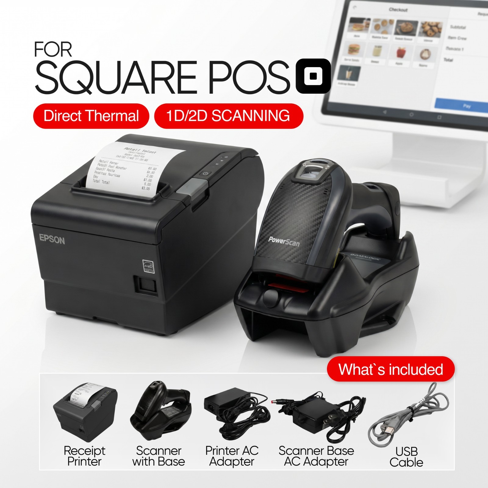 FOR SQUARE Printer + Barcode Scanner Epson TM-T88VI Datalogic Powerscan PM9501