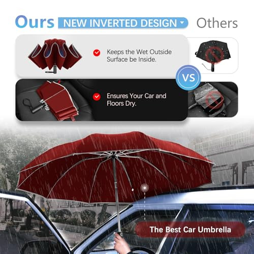 Inverted Umbrella, Durable Windproof Travel Umbrella, Compact Upside Wine Red